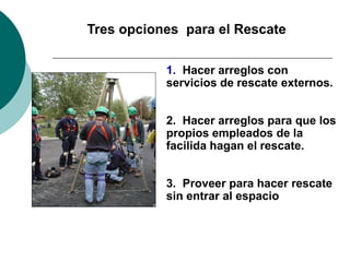 Tres opciones para el Rescate
1. Hacer arreglos con
servicios de rescate externos.
2. Hacer arreglos para que los
propios empleados de la
facilida hagan el rescate.
3. Proveer para hacer rescate
sin entrar al espacio
 