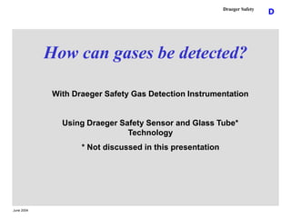 June 2004
D
Draeger Safety
How can gases be detected?
With Draeger Safety Gas Detection Instrumentation
Using Draeger Safe...