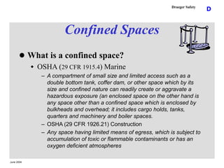 June 2004
D
Draeger Safety
Confined Spaces
 What is a confined space?
 OSHA (29 CFR 1915.4) Marine
– A compartment of sm...