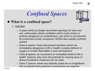 June 2004
D
Draeger Safety
Confined Spaces
 What is a confined space?
 NIOSH
– A space which by design has limited openi...