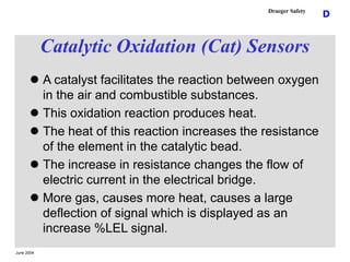 June 2004
D
Draeger Safety
Catalytic Oxidation (Cat) Sensors
 A catalyst facilitates the reaction between oxygen
in the a...