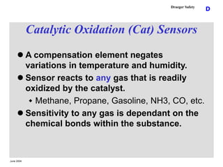 June 2004
D
Draeger Safety
Catalytic Oxidation (Cat) Sensors
 A compensation element negates
variations in temperature an...