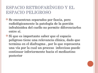 ESPACIO RETROFARÍNGEO Y EL
ESPACIO PELIGROSO
 Se encuentran separados por fascia, pero
radiológicamente la patología de la porción
infrahioidea del cuello no permite diferenciarlos
entre sí.
 Sí que es importante saber que el espacio
peligroso tiene una relevancia clínica, dado que
termina en el diafragma , por lo que representa
una vía por la cual un proceso infeccioso puede
continuar inferiormente hacia el mediastino
posterior
 