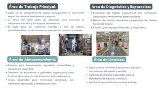 Área de Trabajo Principal:
Área de Almacenamiento:
Debe ser lo suficientemente amplia para permitir el movimiento
seguro de técnicos, herramientas y equipos.
La altura del techo debe ser adecuada para acomodar la
maquinaria más alta y los equipos de elevación.
El suelo debe ser resistente, nivelado y fácil de limpiar,
preferiblemente con recubrimientos que resistan químicos y aceites.
Espacio para herramientas, repuestos, consumibles y
equipos de seguridad.
Sistemas de estanterías y gabinetes organizados para
facilitar el acceso y la identificación de los elementos.
Áreas separadas para materiales peligrosos, con
ventilación adecuada y señalización clara.
Área de Diagnóstico y Reparación:
Área de Limpieza:
Estaciones de trabajo ergonómicas con iluminación
adecuada y herramientas especializadas.
Bancos de trabajo resistentes y superficies de trabajo
fáciles de limpiar.
Espacio para equipos de prueba y diagnóstico.
Espacio para la limpieza de piezas y equipos,
con sistemas de lavado y secado.
Sistemas de drenaje adecuados para la
eliminación de líquidos y residuos.
Ventilación para eliminar vapores y olores.
 