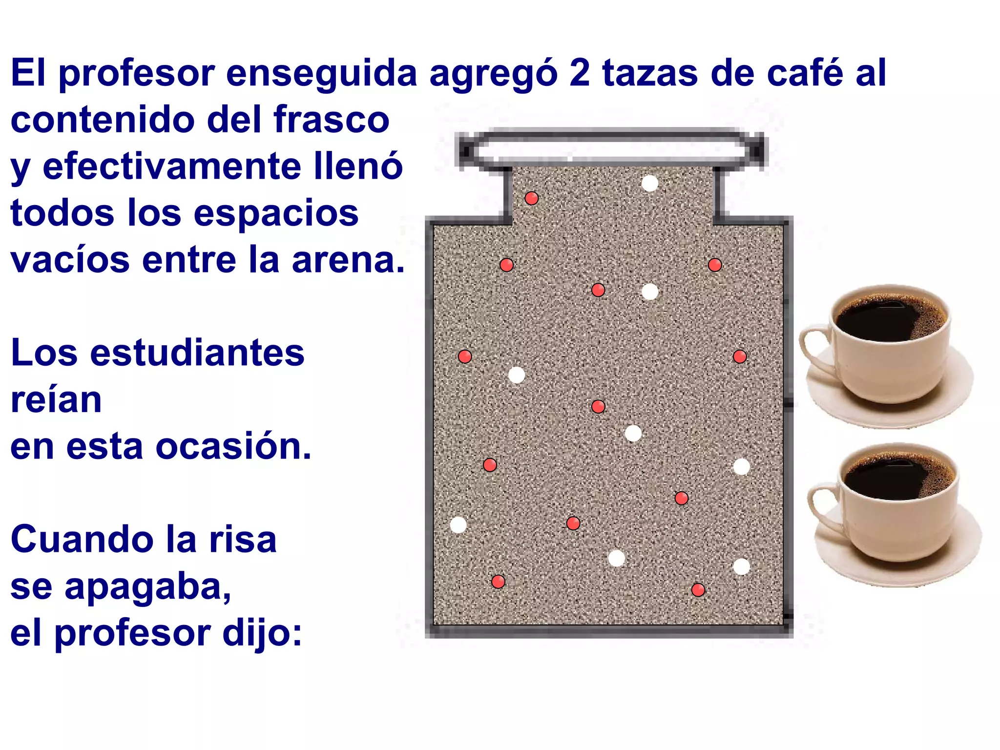 El profesor enseguida agregó 2 tazas de café al contenido del frasco  y efectivamente llenó todos los espacios vacíos entre la arena.  Los estudiantes  reían  en esta ocasión. Cuando la risa se apagaba,  el profesor dijo:  