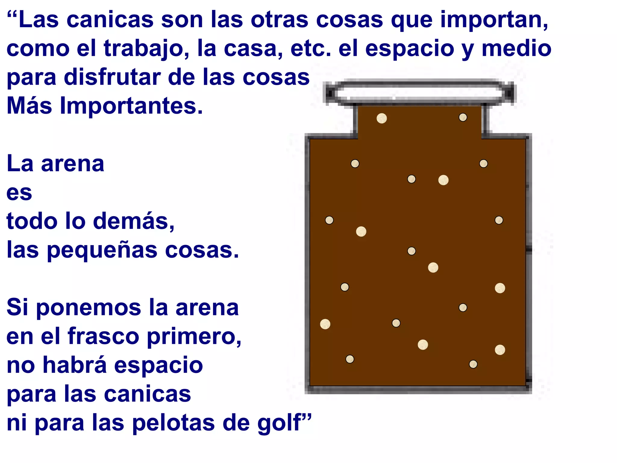 “ Las canicas son las otras cosas que importan, como el trabajo, la casa, etc.  el espacio y medio para disfrutar de las cosas  Más Importantes.   La arena  es  todo lo demás,  las pequeñas cosas.  Si ponemos la arena  en el frasco primero,  no habrá espacio  para las canicas  ni para las pelotas de golf” 
