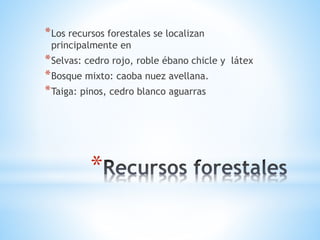 *
*Los recursos forestales se localizan
principalmente en
*Selvas: cedro rojo, roble ébano chicle y látex
*Bosque mixto: caoba nuez avellana.
*Taiga: pinos, cedro blanco aguarras
 