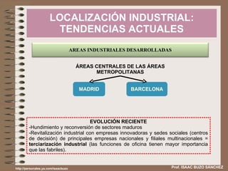 LOCALIZACIÓN INDUSTRIAL: TENDENCIAS ACTUALES Prof. ISAAC BUZO SÁNCHEZ ÁREAS CENTRALES DE LAS ÁREAS METROPOLITANAS EVOLUCIÓN RECIENTE Hundimiento y reconversión de sectores maduros Revitalización industrial con empresas innovadoras y sedes sociales (centros de decisión) de principales empresas nacionales y filiales multinacionales =  terciarización industrial  (las funciones de oficina tienen mayor importancia que las fabriles). http://personales.ya.com/isaacbuzo AREAS INDUSTRIALES DESARROLLADAS MADRID BARCELONA 
