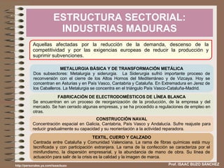 ESTRUCTURA SECTORIAL: INDUSTRIAS MADURAS Prof. ISAAC BUZO SÁNCHEZ Aquellas afectadas por la reducción de la demanda, descenso de la competitividad y por las exigencias europeas de reducir la producción y suprimir subvenciones. METALURGIA BÁSICA Y DE TRANSFORMACIÓN METÁLICA Dos subsectores: Metalurgia y siderurgia.  La Siderurgia sufrió importante proceso de reconversión con el cierre de los Altos Hornos del Mediterráneo y de Vizcaya. Hoy se concentran en Asturias y en País Vasco, Cantabria y Cataluña. En Extremadura en Jerez de los Caballeros. La Metalurgia se concentra en el triángulo País Vasco-Cataluña-Madrid. FABRICACIÓN DE ELECTRODOMÉSTICOS DE LÍNEA BLANCA Se encuentran en un proceso de reorganización de la producción, de la empresa y del mercado. Se han cerrado algunas empresas, y se ha procedido a regulaciones de empleo en otras.  CONSTRUCCIÓN NAVAL Concentración espacial en Galicia, Cantabria, País Vasco y Andalucía. Sufre reajuste para reducir gradualmente su capacidad y su reorientación a la actividad reparadora. TEXTIL, CUERO Y CALZADO Centrada entre Cataluña y Comunidad Valenciana. La rama de fibras químicas está muy tecnificada y con participación extranjera. La rama de la confección se caracteriza por el minifundismo, la dispersión empresarial, y la abundancia de mano de obra. Su línea de actuación para salir de la crisis es la calidad y la imagen de marca. http://personales.ya.com/isaacbuzo 