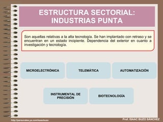 ESTRUCTURA SECTORIAL: INDUSTRIAS PUNTA Prof. ISAAC BUZO SÁNCHEZ Son aquellas relativas a la alta tecnología. Se han implantado con retraso y se encuentran en un estado incipiente. Dependencia del exterior en cuanto a investigación y tecnología. http://personales.ya.com/isaacbuzo MICROELECTRÓNICA TELEMÁTICA AUTOMATIZACIÓN INSTRUMENTAL DE PRECISIÓN BIOTECNOLOGÍA 