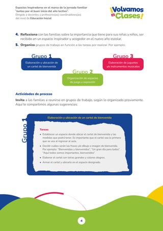 Espacios Inspiradores en el marco de la jornada familiar
̋ Juntos por el buen inicio del año lectivo ̏.
Dirigido a docentes y profesores(as) coordinadores(as)
del nivel de Educación Inicial
4. Reflexiona con las familias sobre la importancia que tiene para sus niñas y niños, ser
recibido en un espacio inspirador y acogedor en el nuevo año escolar.
5. Organiza grupos de trabajo en función a las tareas por realizar. Por ejemplo:
Grupo 1
Elaboración y ubicación de
un cartel de bienvenida
Grupo
1
Grupo 2
Organización de espacios
de juego y expresión
Grupo 3
Elaboración de juguetes
y/o instrumentos musicales
Actividades de proceso
Invita a las familias a reunirse en grupos de trabajo, según lo organizado previamente.
Aquí te compartimos algunas sugerencias:
Elaboración y ubicación de un cartel de bienvenida
Tareas:
• Establecer un espacio donde ubicar el cartel de bienvenida y las
medidas que podrá tener. Es importante que el cartel sea lo primero
que se vea al ingresar al aula.
• Decidir cuáles serán las frases y/o dibujo o imagen de bienvenida.
Por ejemplo: “Bienvenidas y bienvenidos”, “Un gran día para todos”.
“Aquí todos somos importantes, bienvenidos”
• Elaborar el cartel con letras grandes y colores alegres.
• Armar el cartel y ubicarlo en el espacio designado.
4
 
