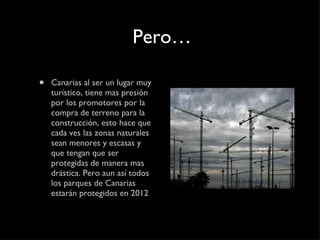 Canarias al ser un lugar muy turístico, tiene mas presión por los promotores por la compra de terreno para la construcción, esto hace que cada ves las zonas naturales sean menores y escasas y que tengan que ser protegidas de manera mas drástica. Pero aun así todos los parques de Canarias estarán protegidos en 2012 Pero… 