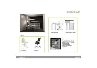 Mesa de trabajo           Detalle mesa de trabajo


 Sillería


                                             Armario de puertas batientes
                                             construidos en laminado con
                                             puertas en cristal al ácido de
                                             dimensiones de
                                             1350x425x800mm.
                                             Interior con 3 estantes
                                             regulables.



  Confidente   Operativa




FARMACIA                                                                      DESPACHO
 