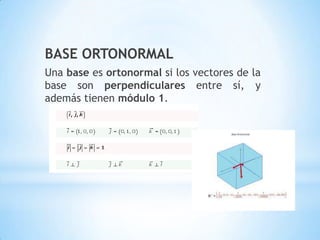 BASE ORTONORMAL
Una base es ortonormal si los vectores de la
base son perpendiculares entre sí, y
además tienen módulo 1.
 
