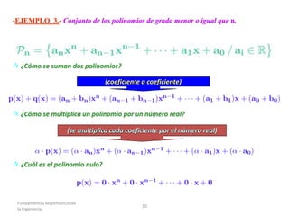 Fundamentos Matemáticosde
la Ingeniería
10
-EJEMPLO 3.- Conjunto de los polinomios de grado menor o igual que n.
 ¿Cómo se suman dos polinomios?
 ¿Cómo se multiplica un polinomio por un número real?
 ¿Cuál es el polinomio nulo?
(coeficiente a coeficiente)
(se multiplica cada coeficiente por el número real)
 
