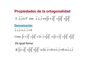 Propiedades de la ortogonalidadPropiedades de la ortogonalidad
Demostración
0x y x y⊥ ⇒ ⋅ =
2 2 2
3. ,x y V son x y x y x y∈ ⊥ ⇔ + = +
De igual forma:
2 2 2 2 2 2
2Como x y x x y y x y x y+ = + ⋅ + ⇒ + = +
2 2 2
2 0 0Si x y x y x y x y x y+ = + ⇒ ⋅ = ⇒ ⋅ = ⇒ ⊥
 
