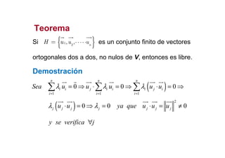 Teorema
Si es un conjunto finito de vectores
ortogonales dos a dos, no nulos de V, entonces es libre.
{ }1
2
, , n
u uH u ⋅⋅⋅⋅⋅=
( )
n n n
Demostración
( )1 1 1
0 0 0
n n n
i i j i i i j i
i i i
Sea u u u u uλ λ λ
= = =
= ⇒ ⋅ = ⇒ ⋅ = ⇒∑ ∑ ∑
( )
2
0 0 0j j j j j j ju u ya que u u uλ λ⋅ = ⇒ = ⋅ = ≠
y se verifica j∀
 