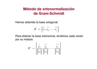 Método de ortonormalizaciónMétodo de ortonormalización
de Gramde Gram--SchmidtSchmidt
Hemos obtenido la base ortogonal:
{ }*
1
2
, , n
u uB u ⋅⋅⋅⋅⋅=
Para obtener la base ortonormal, dividimos cada vectorPara obtener la base ortonormal, dividimos cada vector
por su módulo
1 2
1 2 3
, , n
u uu
u u u
B⊥
     ⋅⋅⋅⋅⋅ 
     
=
 