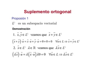 Suplemento ortogonalSuplemento ortogonal
Proposión 1Proposión 1
1. , veamos quex y L x y L⊥ ⊥
∈ + ∈
Demostración
es un subespacio vectorialL⊥
1. , veamos quex y L x y L⊥ ⊥
∈ + ∈
( ) 0 0 0x y u x u y u u L x y L⊥
+ ⋅ = ⋅ + ⋅ = + = ∀ ∈ ⇒ + ∈
2. veamos quex L x Lλ λ⊥ ⊥
∈ ∈ ∈ℝ
( ) ( ) 0 0x u x u u L x Lλ λ λ λ ⊥
⋅ = ⋅ = ∀ ∈ ⇒ ∈
 