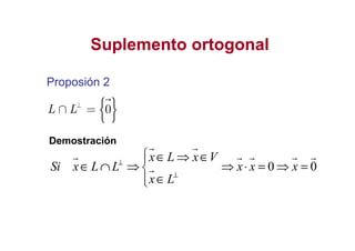 Suplemento ortogonalSuplemento ortogonal
Proposión 2Proposión 2
{ }0L L⊥
∩ =
0 0
x L x V
Si x L L x x x
x L
⊥
⊥
 ∈ ⇒ ∈
∈ ∩ ⇒ ⇒ ⋅ = ⇒ =
∈
Demostración
 