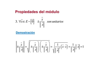 { }3. 0
x
x E sonunitarios
x
∀ ∈ − ±
Propiedades del móduloPropiedades del módulo
Demostración
( )2
1 1
1
x x x
x x x
x x x xx
   
   ± = ± ⋅ ± = ⋅ = =
   
   
 
