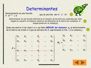 Determinantes
Determinante es una función
f: K
n x n
 K
Dada una matriz A de clase n x n, se llama MENOR del elemento aij al determinante
de la matriz de orden n-1 que se obtiene de A, suprimiendo la fila i y la columna j
que se escribe det A ó A



























nnnjnn
inijii
nj
nj
a...a...aa
..................
a...a...aa
..................
a...a...aa
a...a...aa
A
21
21
222221
111211
nnnn
n
n
ij
a...aa
............
a...aa
a...aa
M
21
22221
11211

Determinante es una función definida en el conjunto de las matrices cuadradas que tiene
imagen en conjunto de números reales (si los elementos de la matriz son complejos, la
imagen puede ser un complejo).
 