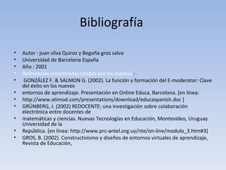 Bibliografía  Autor : juan silva Quiroz y Begoña gros salva  Universidad de Barcelona España  Año : 2001  Referencias encontradas citadas por los autores  : GONZÁLEZ F. & SALMON G. (2002). La función y formación del E-moderator: Clave del éxito en los nuevos entornos de aprendizaje. Presentación en Online Educa, Barcelona. [en línea: http://www.atimod.com/presentations/download/educaspanish.doc ] GRÜNBERG, J. (2002) REDOCENTE: una investigación sobre colaboración electrónica entre docentes de matemáticas y ciencias. Nuevas Tecnologías en Educación, Montevideo, Uruguay Universidad de la República. [en línea: http://www.prc-antel.org.uy/nte/on-line/modulo_3.htm#3] GROS, B. (2002). Constructivismo y diseños de entornos virtuales de aprendizaje, Revista de Educación,  