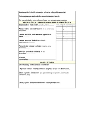 de educación infantil, educación primaria, educación especial.
Actividades que realizarán los estudiantes con la web:
.No hay actividades para realizar en la we, son recursos para maestros
VALORACIÓN DE LA PROPUESTA DE APLICACIÓN DIDÁCTICA
Capacidad de motivación, atractivo, interés............
Adecuación a los destinatarios de los contenidos,
actividades.
Uso de recursos para la buscar y procesar
datos................
Uso de recursos didácticos: síntesis,
organizadores.................
Fomento del autoaprendizaje. iniciativa, toma
decisiones..........
Enfoque aplicativo/ creativo de las
actividades........................
Trabajo
cooperativo......................................................................
EXCELENTE ALTA CORRECTA BAJA
. . .X .
. .X . .
. . .X .
. . .X .
. .X . .
. . .X .
. . .X .
OBSERVACIONES
Dificultades y limitaciones a considerar:
. Algunos enlaces no encuentran la pagina a la que van destinados.
Otros aspectos a destacar: (p.e.: posible trabajo cooperativo, sistemas de
tutorización, etc.)
.
Otras páginas de contenido similar o complementario:
.
 