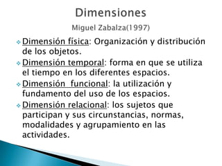  Dimensión física: Organización y distribución
de los objetos.
 Dimensión temporal: forma en que se utiliza
el tiempo en los diferentes espacios.
 Dimensión funcional: la utilización y
fundamento del uso de los espacios.
 Dimensión relacional: los sujetos que
participan y sus circunstancias, normas,
modalidades y agrupamiento en las
actividades.
 
