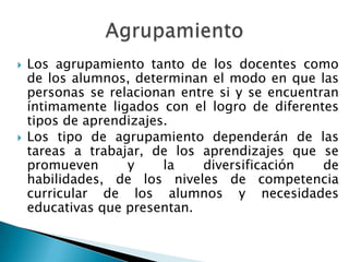 Los agrupamiento tanto de los docentes como
de los alumnos, determinan el modo en que las
personas se relacionan entre si y se encuentran
íntimamente ligados con el logro de diferentes
tipos de aprendizajes.
 Los tipo de agrupamiento dependerán de las
tareas a trabajar, de los aprendizajes que se
promueven y la diversificación de
habilidades, de los niveles de competencia
curricular de los alumnos y necesidades
educativas que presentan.
 