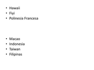 • Hawaii
• Fiyi
• Polinesia Francesa
• Macao
• Indonesia
• Taiwan
• Filipinas
 