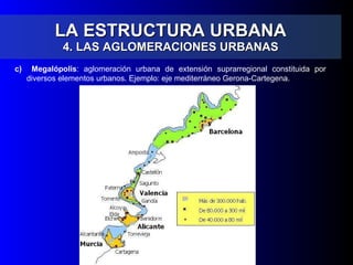 LA ESTRUCTURA URBANA 4. LAS AGLOMERACIONES URBANAS c)   Megalópolis : aglomeración urbana de extensión suprarregional constituida por diversos elementos urbanos. Ejemplo: eje mediterráneo Gerona-Cartegena. 