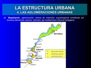 LA ESTRUCTURA URBANA
               4. LAS AGLOMERACIONES URBANAS
c)    Megalópolis: aglomeración urbana de extensión suprarregional constituida por
     diversos elementos urbanos. Ejemplo: eje mediterráneo Gerona-Cartagena.
 
