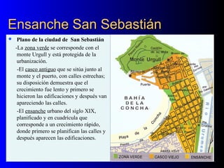 Ensanche San SebastiánEnsanche San Sebastián
 Plano de la ciudad de San Sebastián
-La zona verde se corresponde con el
monte Urgull y está protegida de la
urbanización.
-El casco antiguo que se sitúa junto al
monte y el puerto, con calles estrechas;
su disposición demuestra que el
crecimiento fue lento y primero se
hicieron las edificaciones y después van
apareciendo las calles.
-El ensanche urbano del siglo XIX,
planificado y en cuadrícula que
corresponde a un crecimiento rápido,
donde primero se planifican las calles y
después aparecen las edificaciones.
 