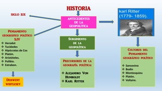 HISTORIA
ANTECEDENTES
DE LA
GEOPOLITICA
SIGLO XIX
Pensamiento
geográfico político
S.IV
 Herodot
 Tucidedes
 Hipócrates de Cos
 Platón.
 Aristóteles.
 Polibio.
 Estrabon.
Derwent
whitlesey
Cultores del
Pensamiento
geográfico político
 Sansovino
 Bodin
 Montesquieu
 Platón.
 Voltaire.
Surgimiento
de la
geopolítica
Precursores de la
geografía política:
 Alejandro Von
Humboldt
 Karl Ritter
 