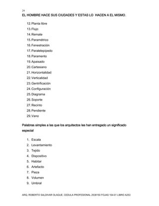 29
EL HOMBRE HACE SUS CIUDADES Y ESTAS LO HACEN A EL MISMO.
ARQ. ROBERTO SALDIVAR OLAGUE, CEDULA PROFESIONAL 2538150 FOJAS 164-01 LIBRO A253
12.Planta libre
13.Flujo
14.Remate
15.Paramétrico
16.Fenestración
17.Paralelepípedo
18.Paramento
19.Apaisado
20.Cartesiano
21.Horizontalidad
22.Verticalidad
23.Gentrificación
24.Configuración
25.Diagrama
26.Soporte
27.Recinto
28.Pendiente
29.Vano
Palabras simples a las que los arquitectos les han entregado un significado
especial
1. Escala
2. Levantamiento
3. Tejido
4. Dispositivo
5. Habitar
6. Artefacto
7. Pieza
8. Volumen
9. Umbral
 