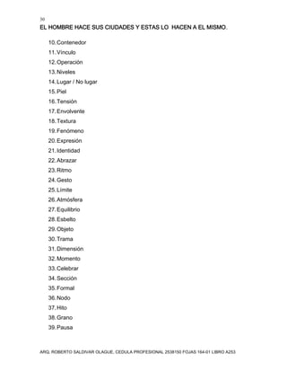 30
EL HOMBRE HACE SUS CIUDADES Y ESTAS LO HACEN A EL MISMO.
ARQ. ROBERTO SALDIVAR OLAGUE, CEDULA PROFESIONAL 2538150 FOJAS 164-01 LIBRO A253
10.Contenedor
11.Vínculo
12.Operación
13.Niveles
14.Lugar / No lugar
15.Piel
16.Tensión
17.Envolvente
18.Textura
19.Fenómeno
20.Expresión
21.Identidad
22.Abrazar
23.Ritmo
24.Gesto
25.Límite
26.Atmósfera
27.Equilibrio
28.Esbelto
29.Objeto
30.Trama
31.Dimensión
32.Momento
33.Celebrar
34.Sección
35.Formal
36.Nodo
37.Hito
38.Grano
39.Pausa
 