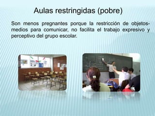 Aulas restringidas (pobre)
Son menos pregnantes porque la restricción de objetos-
medios para comunicar, no facilita el trabajo expresivo y
perceptivo del grupo escolar.
 