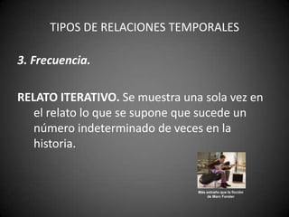 TIPOS DE RELACIONES TEMPORALES

3. Frecuencia.

RELATO ITERATIVO. Se muestra una sola vez en
   el relato lo que se supone que sucede un
   número indeterminado de veces en la
   historia.


                                Más extraño que la ficción
                                     de Marc Forster
 