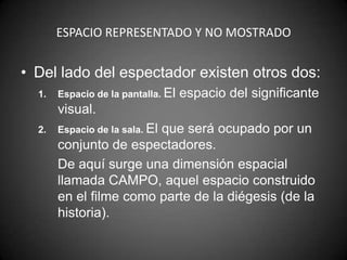 ESPACIO REPRESENTADO Y NO MOSTRADO


• Del lado del espectador existen otros dos:
  1.   Espacio de la pantalla. El   espacio del significante
       visual.
  2.   Espacio de la sala. El
                        que será ocupado por un
       conjunto de espectadores.
       De aquí surge una dimensión espacial
       llamada CAMPO, aquel espacio construido
       en el filme como parte de la diégesis (de la
       historia).
 