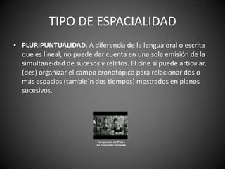 TIPO DE ESPACIALIDAD
• PLURIPUNTUALIDAD. A diferencia de la lengua oral o escrita
  que es lineal, no puede dar cuenta en una sola emisión de la
  simultaneidad de sucesos y relatos. El cine sí puede articular,
  (des) organizar el campo cronotópico para relacionar dos o
  más espacios (tambie´n dos tiempos) mostrados en planos
  sucesivos.




                            Temporada de Patos
                            de Fernando Eimbcke
 