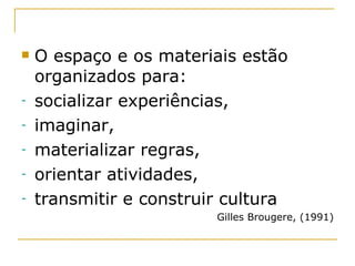 O espaço e os materiais estão organizados para: socializar experiências,  imaginar,  materializar regras,  orientar atividades,  transmitir e construir cultura Gilles Brougere, (1991) 