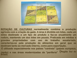 ROTAÇÃO DE CULTURAS normalmente combina a produção
agrícola com a criação de gado. A área é dividida em lotes, cada um
deles destinado a um tipo de produto e faz-se anualmente um
rodízio, mantendo um dos lotes em pousio. Praticada em médias e
grandes propriedades com uso de trabalho assalariado,
caracteriza-se pela produção de alimentos em geral que se
destinam tanto ao mercado interno, como para exportação.
 É utilizado especialmente nos países “centrais” (países europeus,
Japão) e nas áreas modernizadas da “periferia”      (Região   Sul do
Brasil)
 