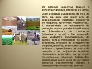 Os sistemas modernos tendem a
concentrar grandes extensões de terras,
usam pequenas quantidades de mão de
obra, em geral com maior grau de
especialização: tratoristas, operadores
de máquinas, agrônomos, veterinários...
A necessidade de escoamento da
produção implica grandes investimentos
em     infraestrutura  de    transportes
(estradas e portos) e tem provocado
uma verdadeira industrialização do
campo, com a implantação de usinas,
secadoras, unidades de esmagamento
de grãos, moinhos, entre outros, além de
estimular o aparecimento de centros de
pesquisa e um conjunto de indústrias
diretamente envolvidas na produção
(petroquímica, máquinas, fertilizantes,
embalagens) assim como de atividades
terciárias especialmente ligadas a
financiamentos e comércio exterior.
 