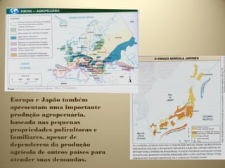 Europa e Japão também
apresentam uma importante
produção agropecuária,
baseada nas pequenas
propriedades policultoras e
familiares, apesar de
dependerem da produção
agrícola de outros países para
atender suas demandas.
 