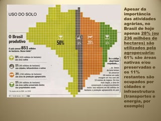 Apesar da
USO DO SOLO   importância
bRASIL        das atividades
              agrárias, no
              Brasil de hoje
              apenas 28% (ou
              236 milhões de
              hectares) são
              utilizados pela
              agropecuária;
              61% são áreas
              nativas e/ou
              preservadas e
              os 11%
              restantes são
              ocupados por
              cidades e
              infraestrutura
              (transportes e
              energia, por
              exemplo)
 