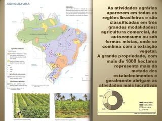 As atividades agrárias
     aparecem em todas as
  regiões brasileiras e são
       classificadas em três
      grandes modalidades:
  agricultura comercial, de
        autoconsumo ou sob
    formas mistas, onde se
  combina com a extração
                    vegetal.
A grande propriedade, com
     mais de 1000 hectares
         representa mais da
                 metade dos
         estabelecimentos e
     geralmente abrigam as
 atividades mais lucrativas
 