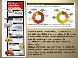 A principal característica da estrutura
agrária brasileira é a concentração de terras.
Embora isso ocorra desde o período colonial,
nos últimos anos, com o avanço do
AGRONEGÓCIO, esta tendência tem se
reforçado.
Hoje, a atividade agrária tem-se destacado
como grande produtora de riquezas e coloca
o país entre os grandes produtores mundiais
de alimentos
 