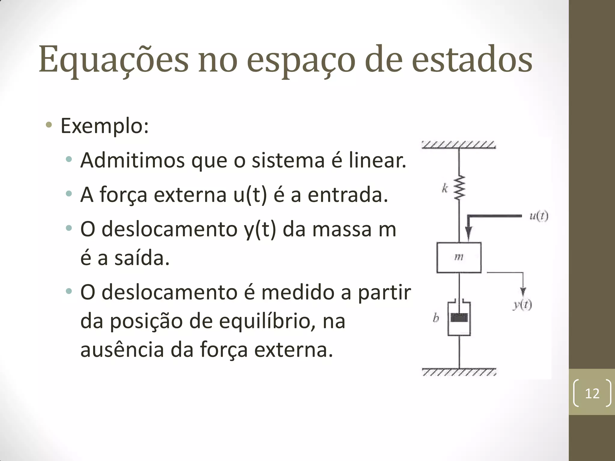 Equações no espaço de estados
• Exemplo:
• Admitimos que o sistema é linear.
• A força externa u(t) é a entrada.
• O deslocamento y(t) da massa m
é a saída.
• O deslocamento é medido a partir
da posição de equilíbrio, na
ausência da força externa.
12
 