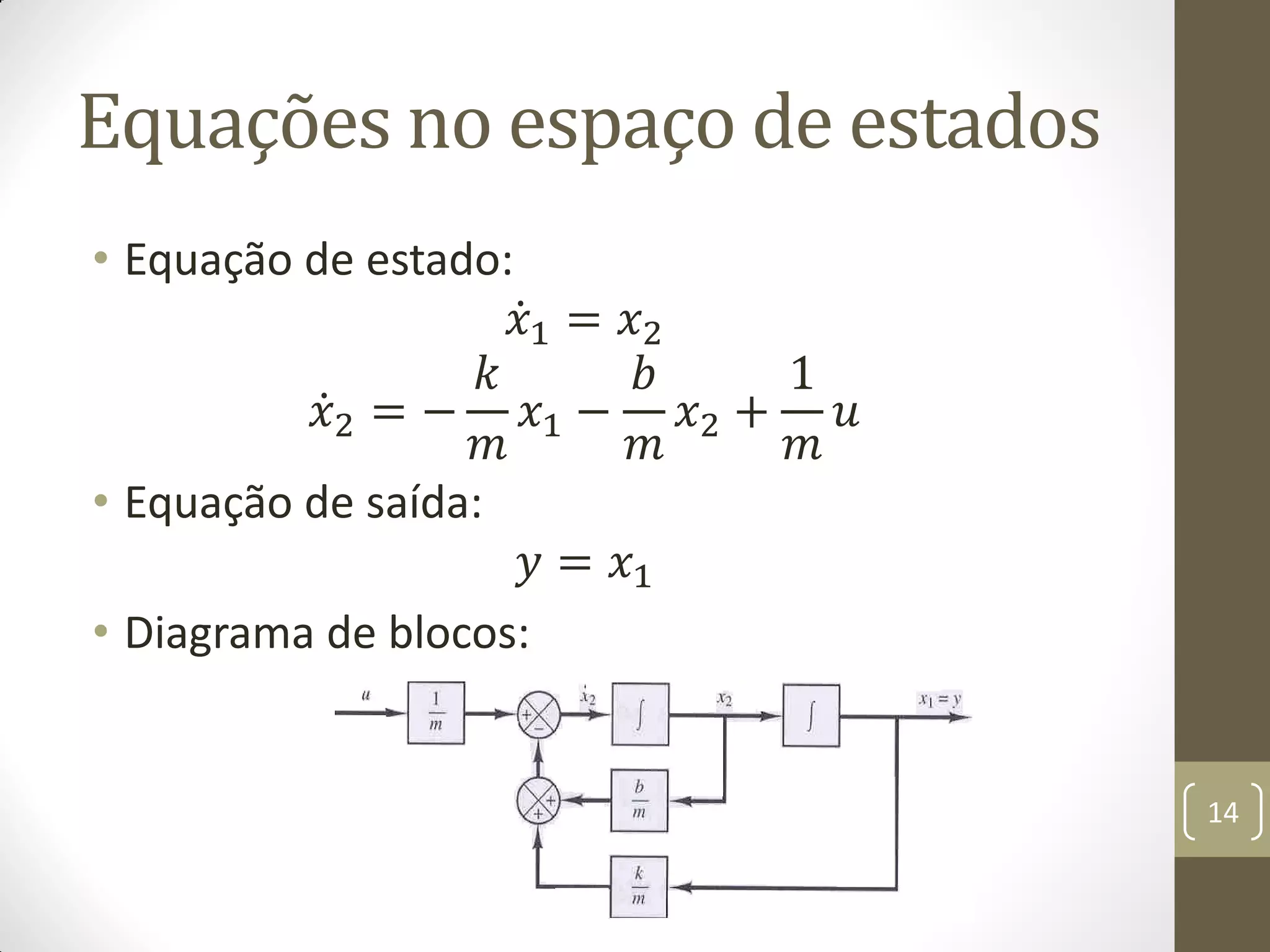 Equações no espaço de estados
• Equação de estado:
𝑥1 = 𝑥2
𝑥2 = −
𝑘
𝑚
𝑥1 −
𝑏
𝑚
𝑥2 +
1
𝑚
𝑢
• Equação de saída:
𝑦 = 𝑥1
• Diagrama de blocos:
14
 